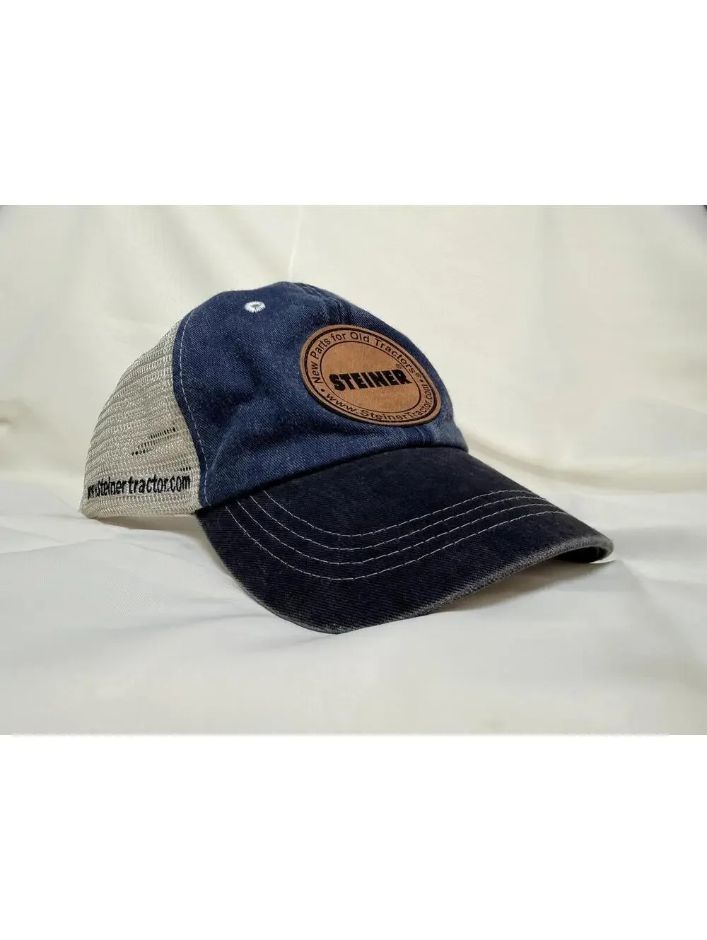 Steiner Tractor Parts Mesh Trucker Hat Blue Tan Leather Patch Snapback